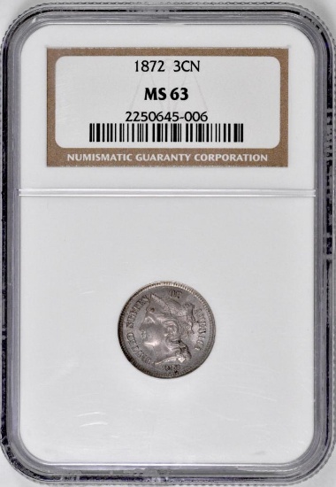 1872 Three Cent Piece Nickel (NGC) MS63.