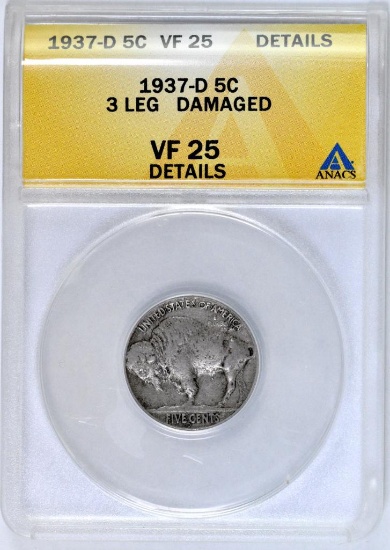 1937 D 3-Legged Buffalo Nickel (ANACS) VF25 details.