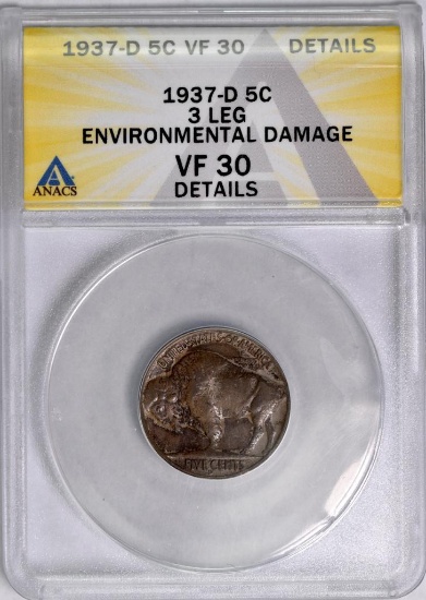 1937 D 3-Legged Buffalo Nickel (ANACS) VF30 details.