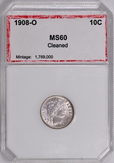 1908 O Barber Silver Dime (PCI) MS60 details.