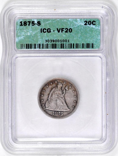 1875 S Twenty Cent Piece (ICG) VF20.