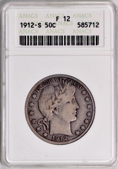 1912 S Barber Silver Half Dollar (ANACS) F12.