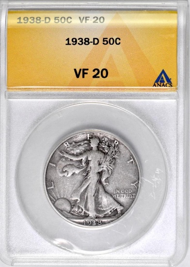 1938 D Walking Liberty Silver Half Dollar (ANACS) VF20.
