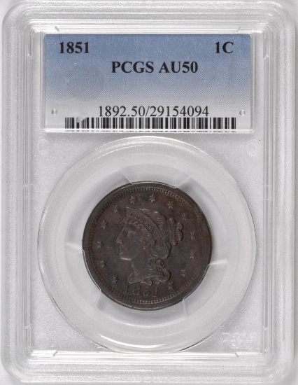 1851 Braided Hair Large Cent (PCGS) AU50.