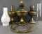 6 piece group brass oil lamps, chimneys, and more