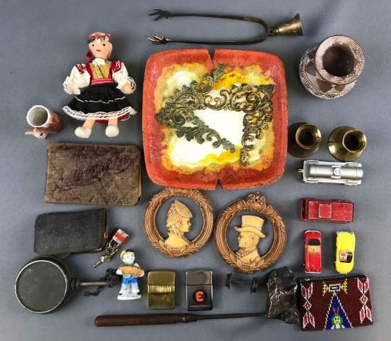 Group of 25 Pieces : Antique and Vintage Decor - Toy Speedsters, Train Cars, Lighters + more