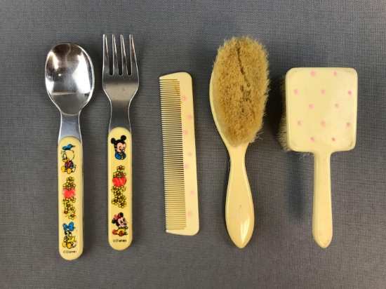 Group of Antique Baby Brushes, Comb and Vintage Silverware