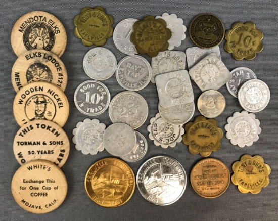 Group of Vintage Drink Tokens, Wooden Nickels + more