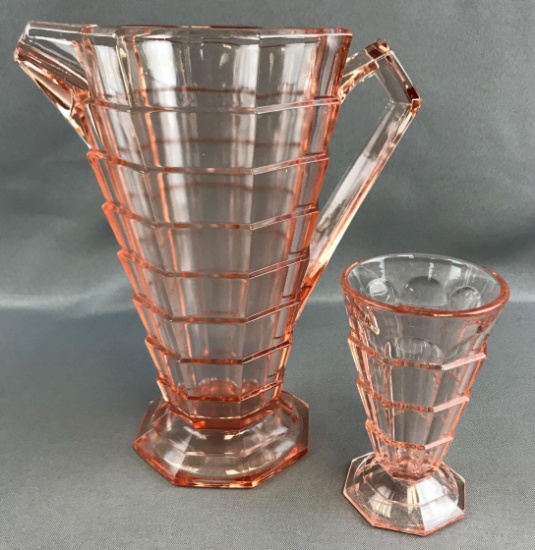 Pink Depression Glass Octagonal Pitcher and Glass
