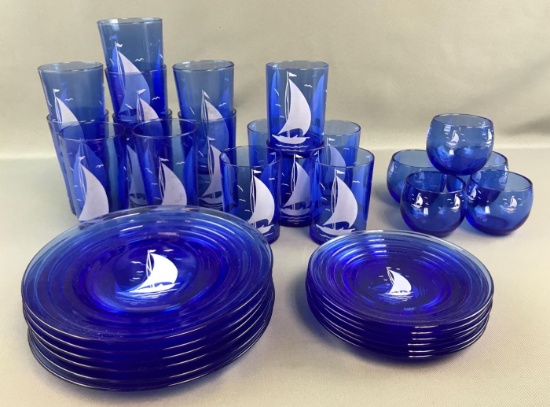 Group of Vintage Hazel Atlas Cobalt Sailboat Dishes