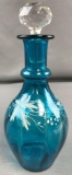 Victorian Hand Blown Blue Enameled Glass Barber Bottle w/ Stopper
