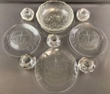 Group of 11 pieces : Mid Century-style Glass Plates, Candle Holders + more