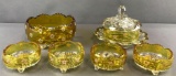 Group of 7 Pieces : Yellow/Clear Hand Painted Pressed Glass