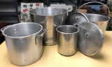 6 piece group metal pots, pails, lids
