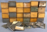 Group of 40+ pieces small wood slide top boxes and metal label holders