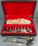 Group of 100+ pieces mostly silverplate utensils in storage box