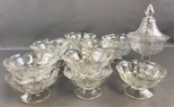 Group of Vintage Pressed Glass Footed Ice Cream Bowls + Covered Pedestal Candy Dish
