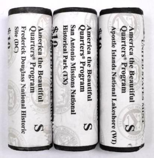 Group of (3) 2017 S, 2018 S & 2019 S America The Beautiful Quarters Program Unopened Mint Rolls.