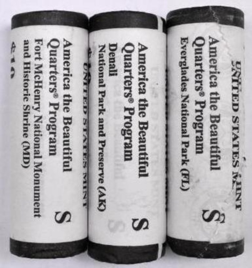 Group of (3) 2012 S, 2013 S & 2014 S America The Beautiful Quarters Program Unopened Mint Rolls.