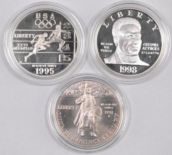 Group of (3) Commemorative Silver Dollars BU & Proof.