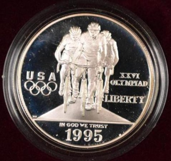 1995 P Olympics Cyclist Commemorative Silver Dollar Proof.