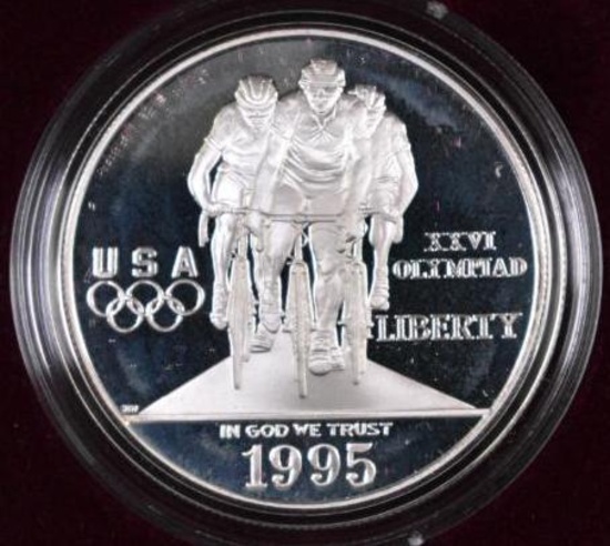 1995 P Olympics Cyclist Commemorative Silver Dollar Proof.