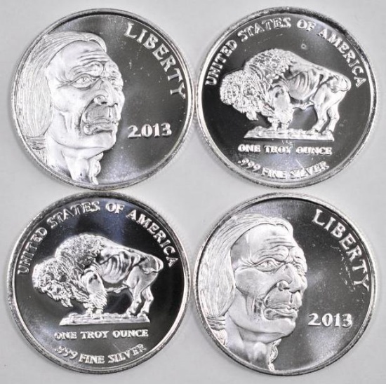 Group of (4) 2013 Indian / Buffalo 1oz. .999 Fine Silver Round.
