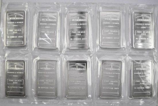 Group of (10) NTR Metals 10oz. .999 Fine Silver Ingot / Bars