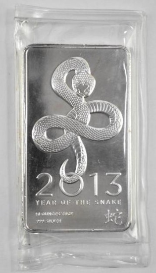 2013 Year of the Snake 10oz. .999 Fine Silver Ingot / Bar.