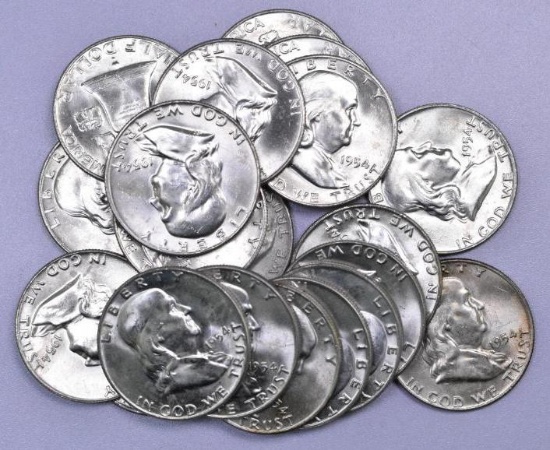 Group of (20) 1954 D Franklin Silver Half Dollars.