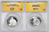 Group of (2) ANACS Certified 1982 D & S Washington Silver Commemorative Half Dollar BU & Proof.