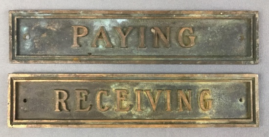 Lot of 2 : Vintage brass plaques - "Paying" and "Receiving"