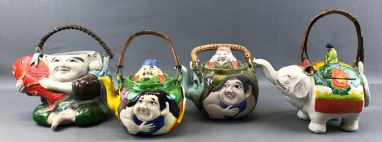 Group of 4 : Vintage Teapots - Hand Painted Faces and Elephant