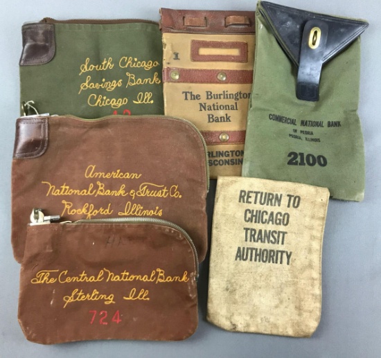 Group of 6 : Vintage Bank Bags - Central National Bank, Burlington National Bank + Others