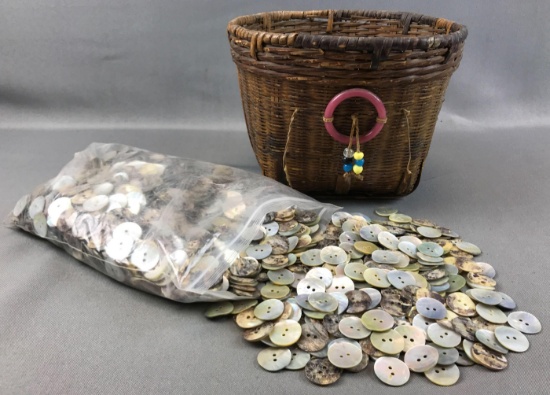 Collection of Vintage Mother of Pearl Buttons + Button Basket