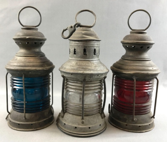 Set of 3 : Antique Marine Lanterns - Clear, Red, and Blue