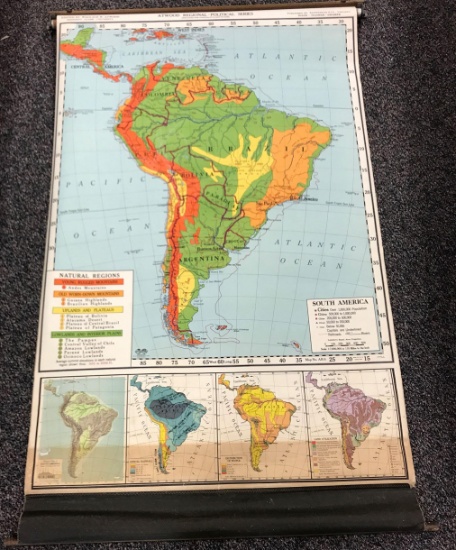 Vintage (1949) "Atwood" Retractable/ Pull Down School Map - South America