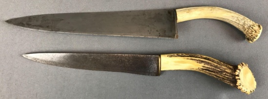 Set of 2 : Vintage Butcher Knives w/ Antler Handles