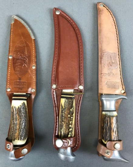 Group of 3 : Vintage German Antler Handle Knives w/ Sheaths