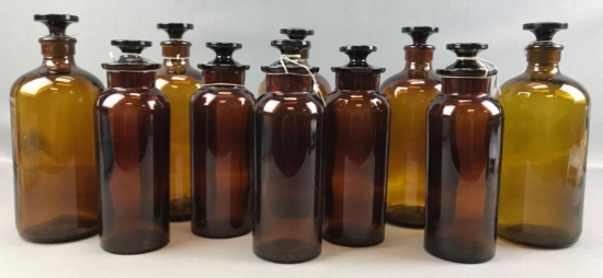 Group of 10 : Antique Amber Glass Apothecary Bottles