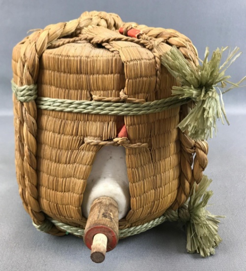 Vintage Woven Basket and Pottery Beverage Dispenser