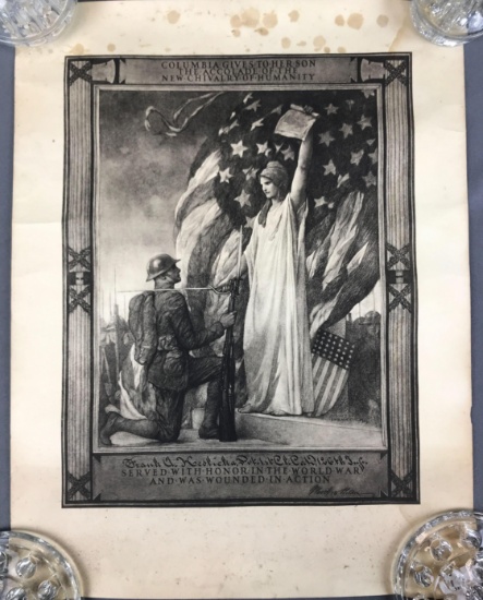 Antique Poster Engraving : "Columbia Gives to Her Son the Accolade of the New Chivalry of Humanity"