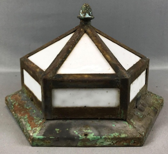 Vintage Metal and White Slag Glass Light Fixture