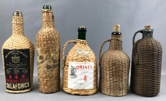 Group of 5 : Vintage Wicker Wrapped Liquor Bottles