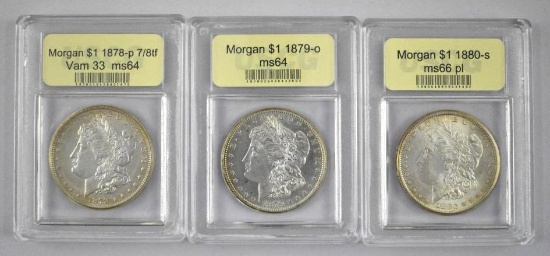 Group of (3) USCG Certified Morgan Silver Dollars.