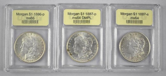 Group of (3) USCG Certified Morgan Silver Dollars.