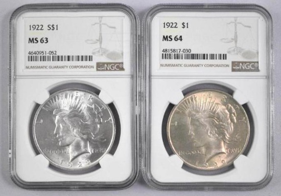 Group of (2) 1922 P Peace Silver Dollars both (NGC) Certified.