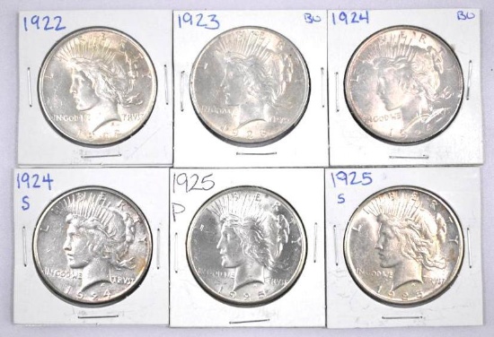 Group of (6) Peace Silver Dollars.