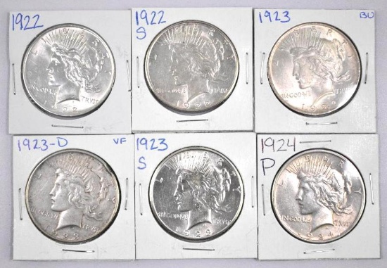 Group of (6) Peace Silver Dollars.