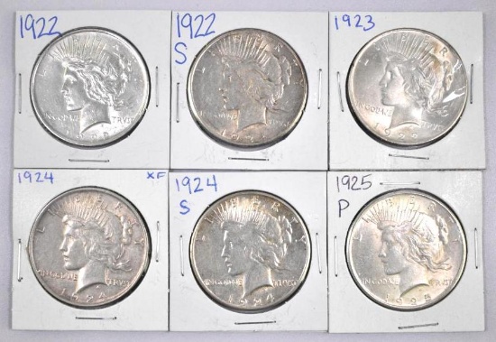 Group of (6) Peace Silver Dollars.